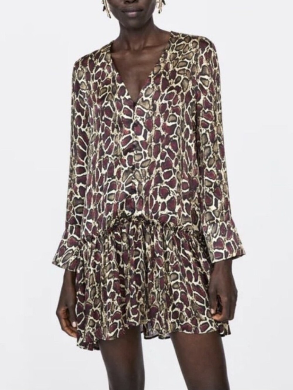 🌼5/$20 Zara Brown and Cream Animal-Print Ruffle-Hem Mini Dress